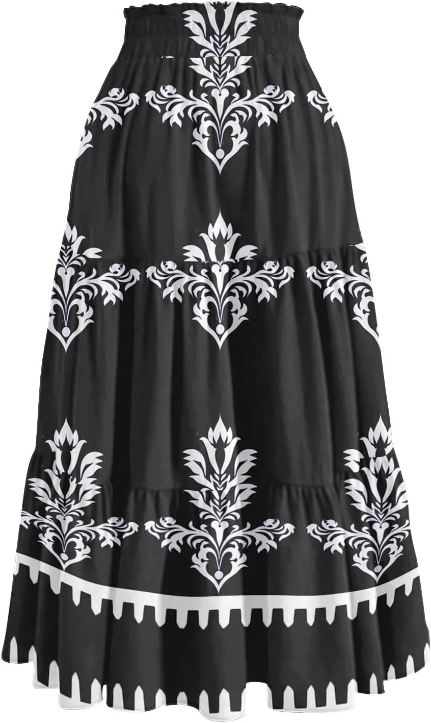Midi Skirts for Women Boho Beach Flowy Floral Skirt Tiered Elastic High Waisted Skirts A Line Skirt with Pockets