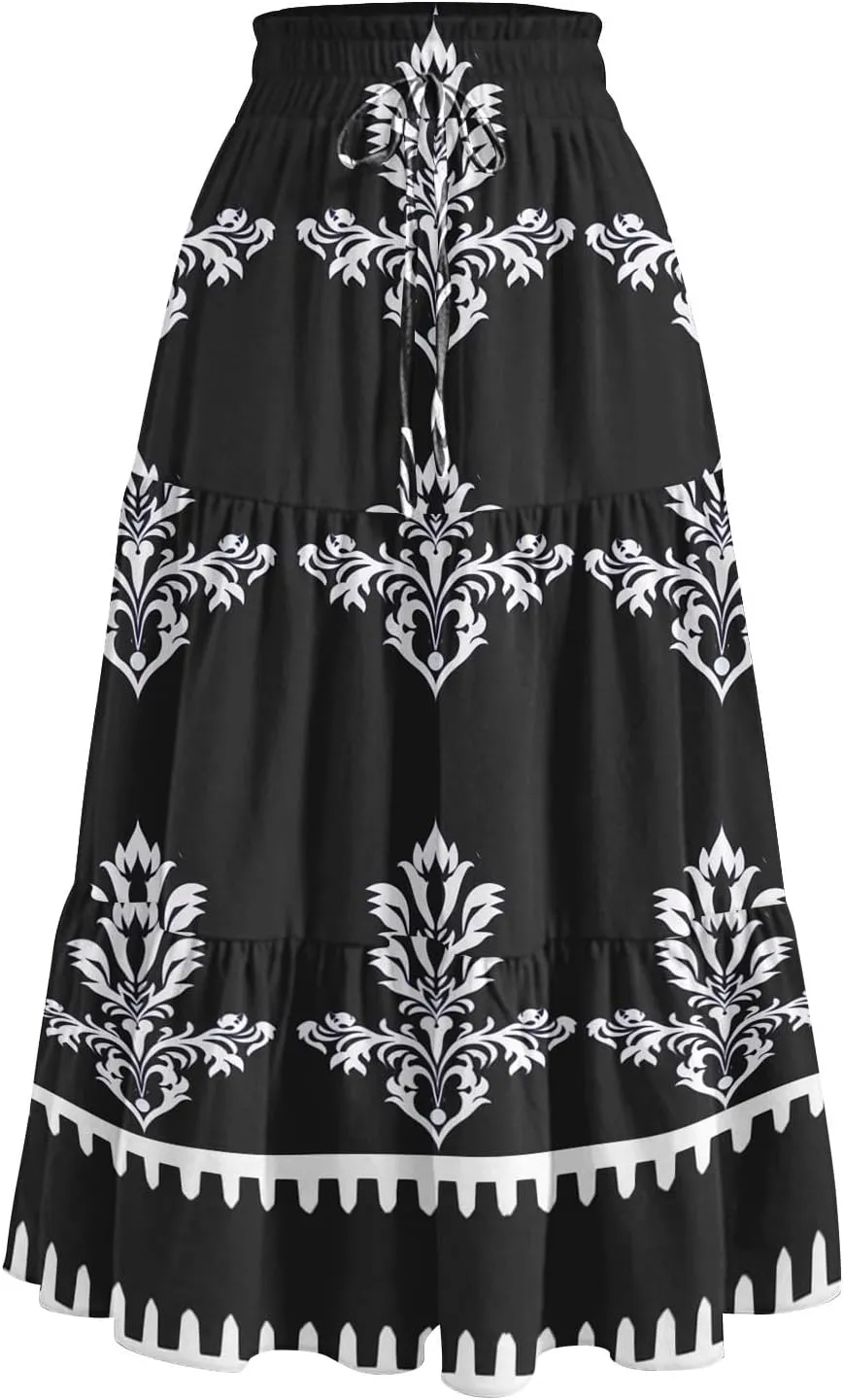 Midi Skirts for Women Boho Beach Flowy Floral Skirt Tiered Elastic High Waisted Skirts A Line Skirt with Pockets
