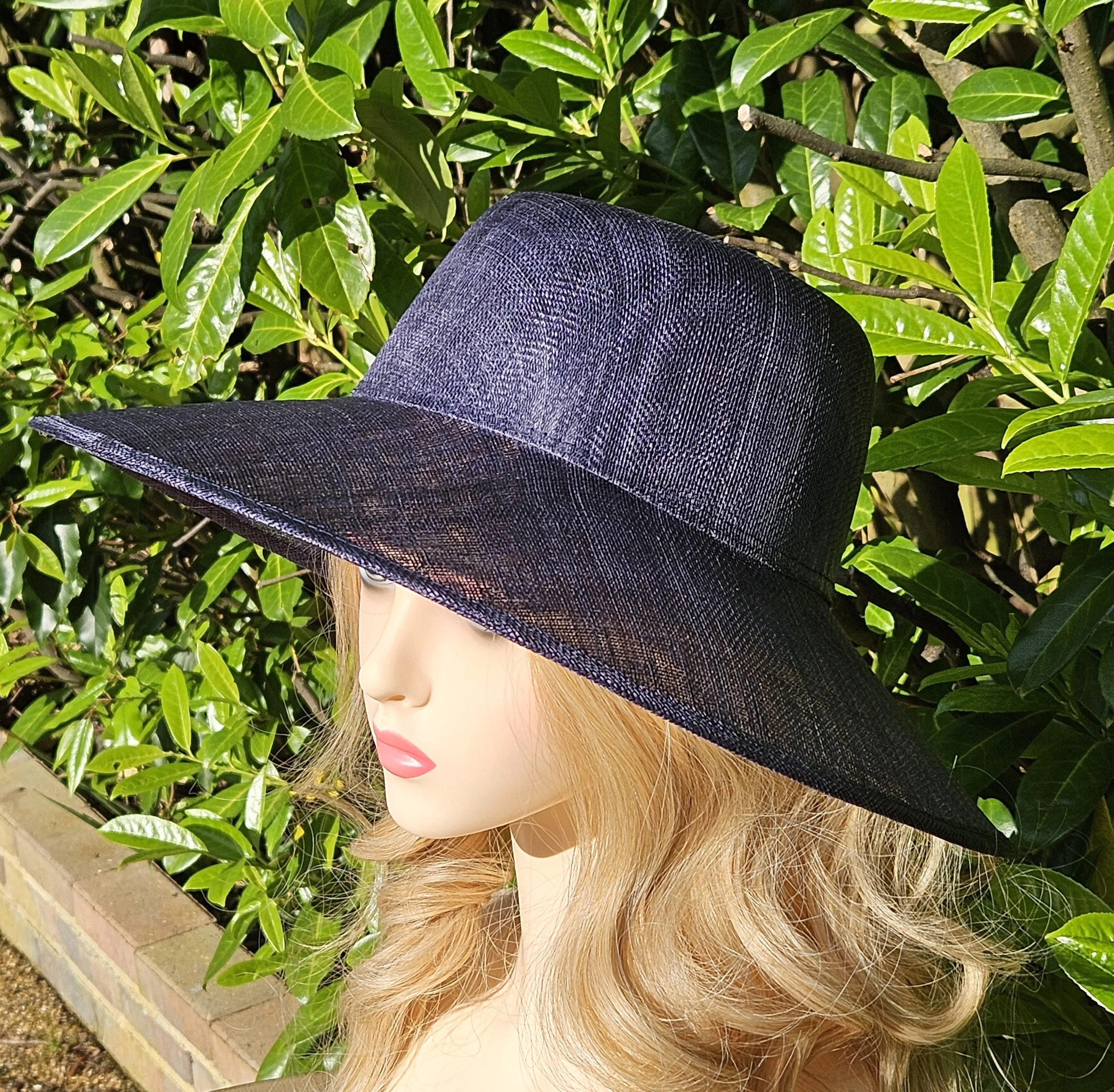 Navy Blue Ascot Hat with Wide Brim - Large Wedding Hats - Ladies Racing Hats - Plain Church Hats for Women