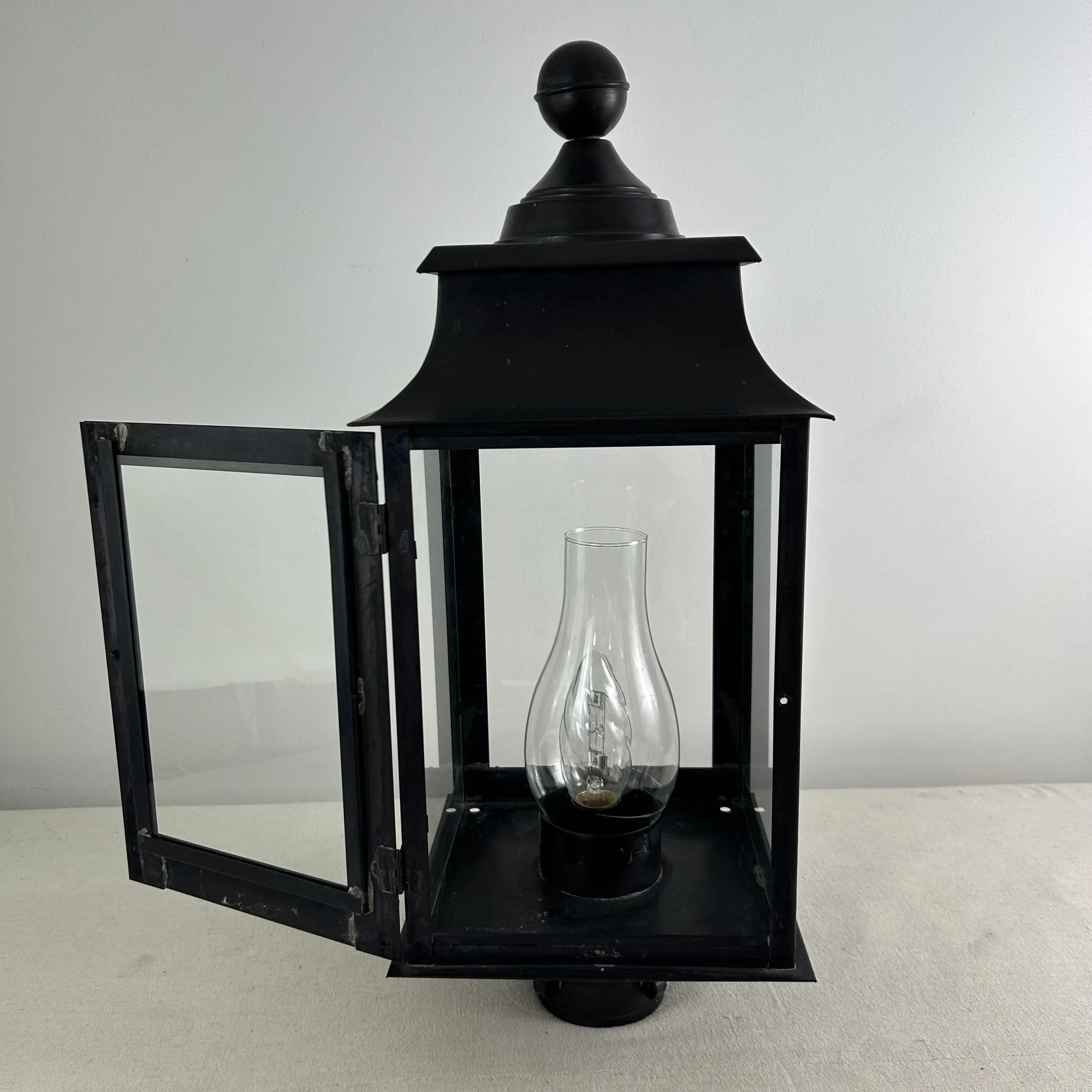 Pole or Post Light, Exterior, Black Metal, Clear Glass, Hurricane Shade