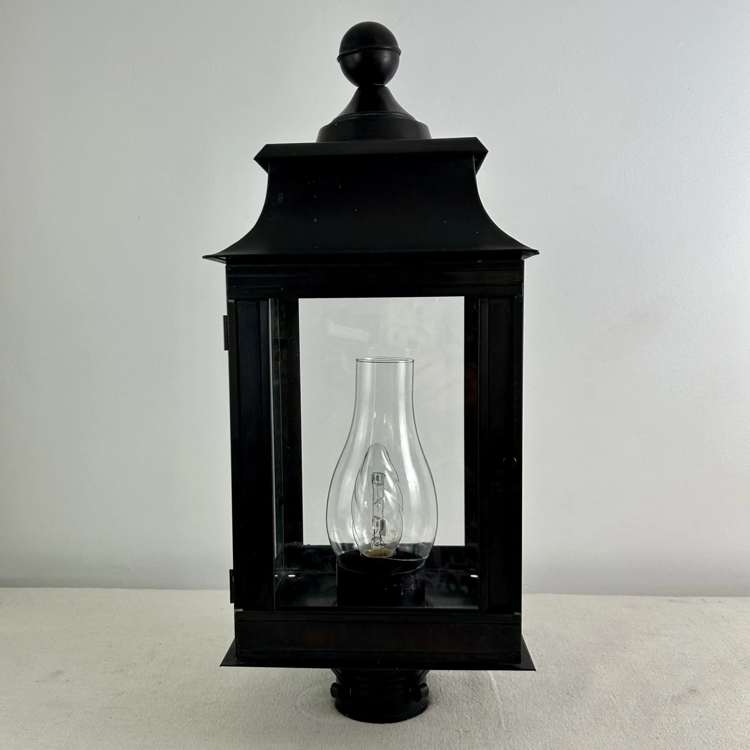 Pole or Post Light, Exterior, Black Metal, Clear Glass, Hurricane Shade