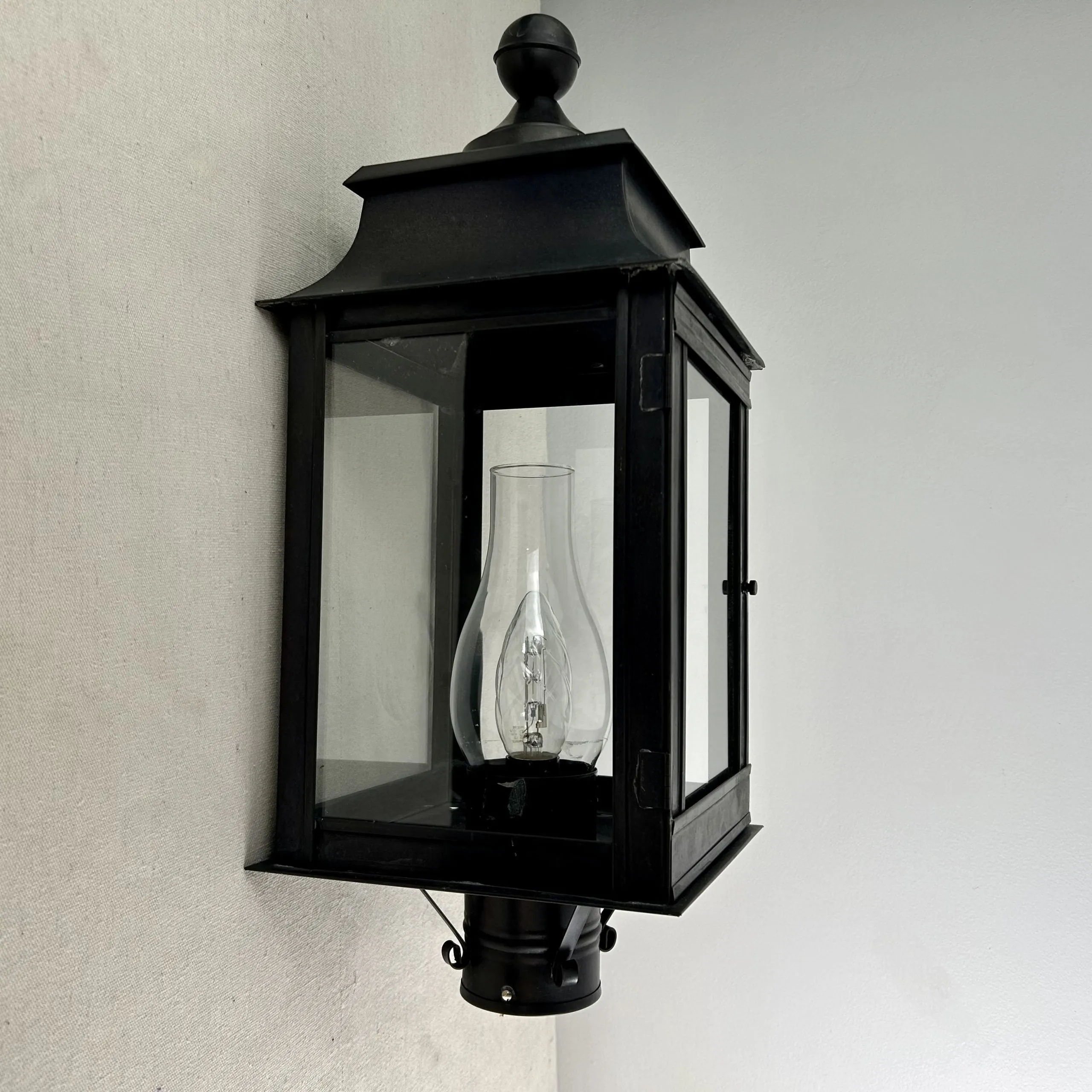 Pole or Post Light, Exterior, Black Metal, Clear Glass, Hurricane Shade