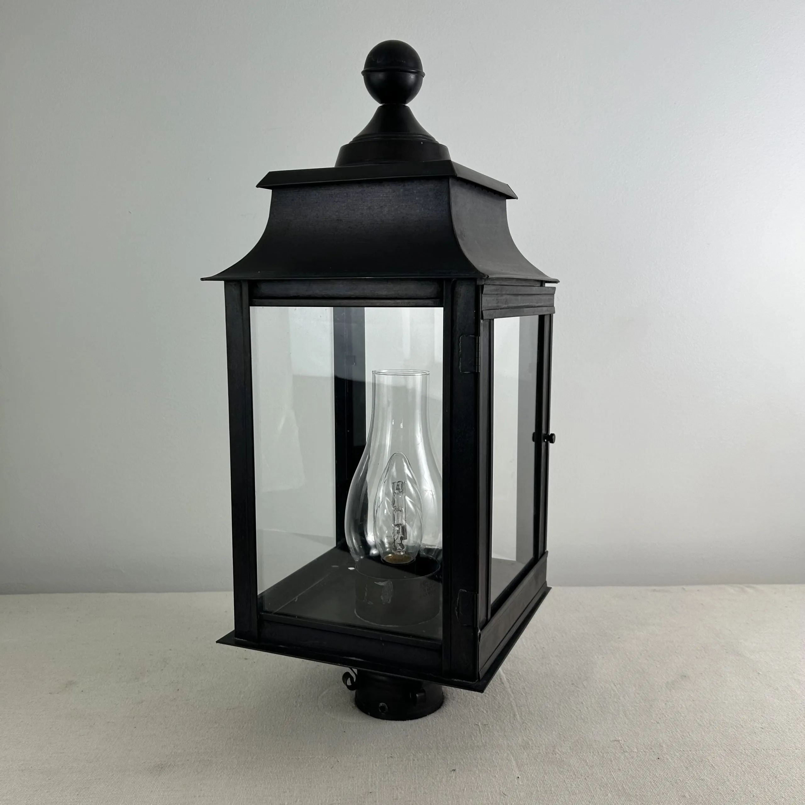 Pole or Post Light, Exterior, Black Metal, Clear Glass, Hurricane Shade