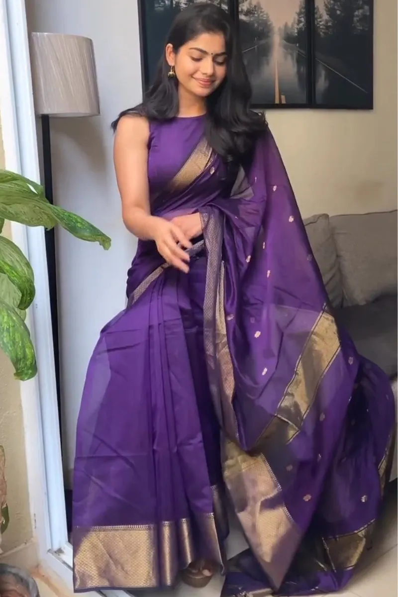 Pretty Purple Cotton Silk Saree With Sizzling Blouse Piece