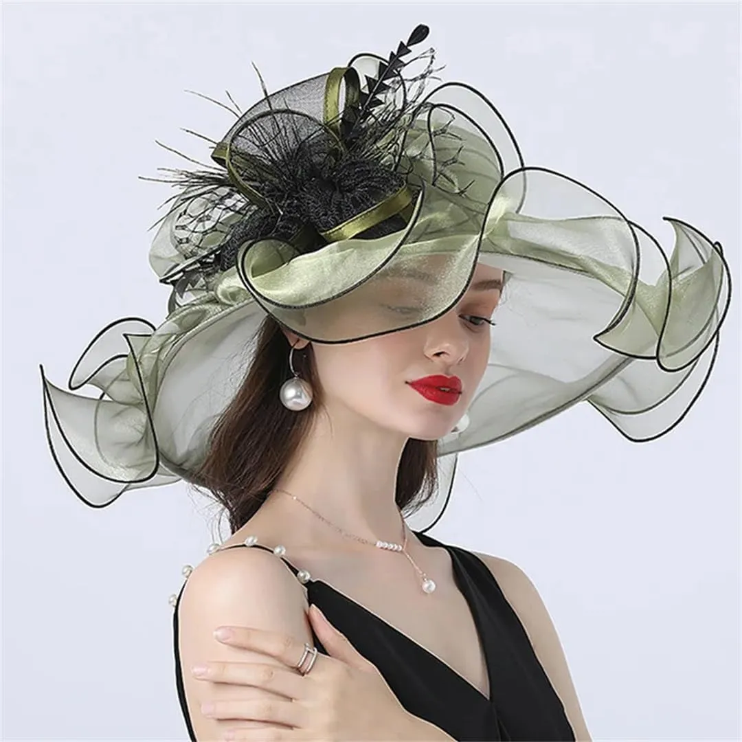 Retro Feather Large Hat Summer Sun Hat Beach Bucket Wide Brim Hat Hats(Army En8)