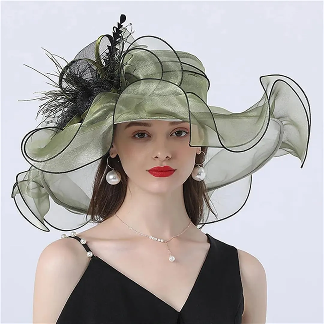 Retro Feather Large Hat Summer Sun Hat Beach Bucket Wide Brim Hat Hats(Army En8)
