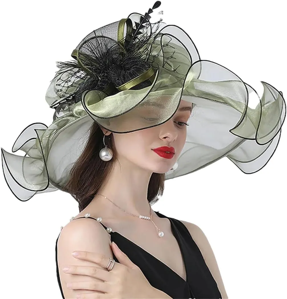 Retro Feather Large Hat Summer Sun Hat Beach Bucket Wide Brim Hat Hats(Army En8)