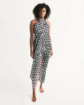 Snow Leopard Print Swim Cover Up Women, Black White Wrap Front Sarong Bikini Bathing Suit Beach Sexy Long Flowy Skirt Coverup