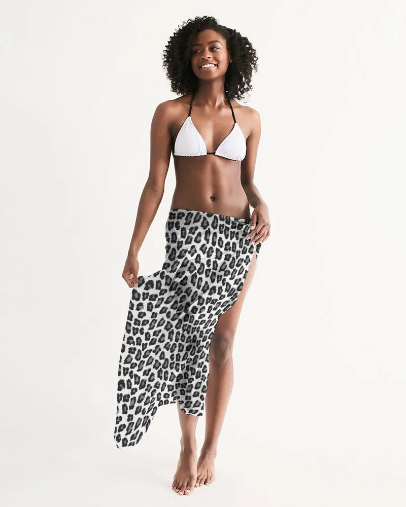Snow Leopard Print Swim Cover Up Women, Black White Wrap Front Sarong Bikini Bathing Suit Beach Sexy Long Flowy Skirt Coverup