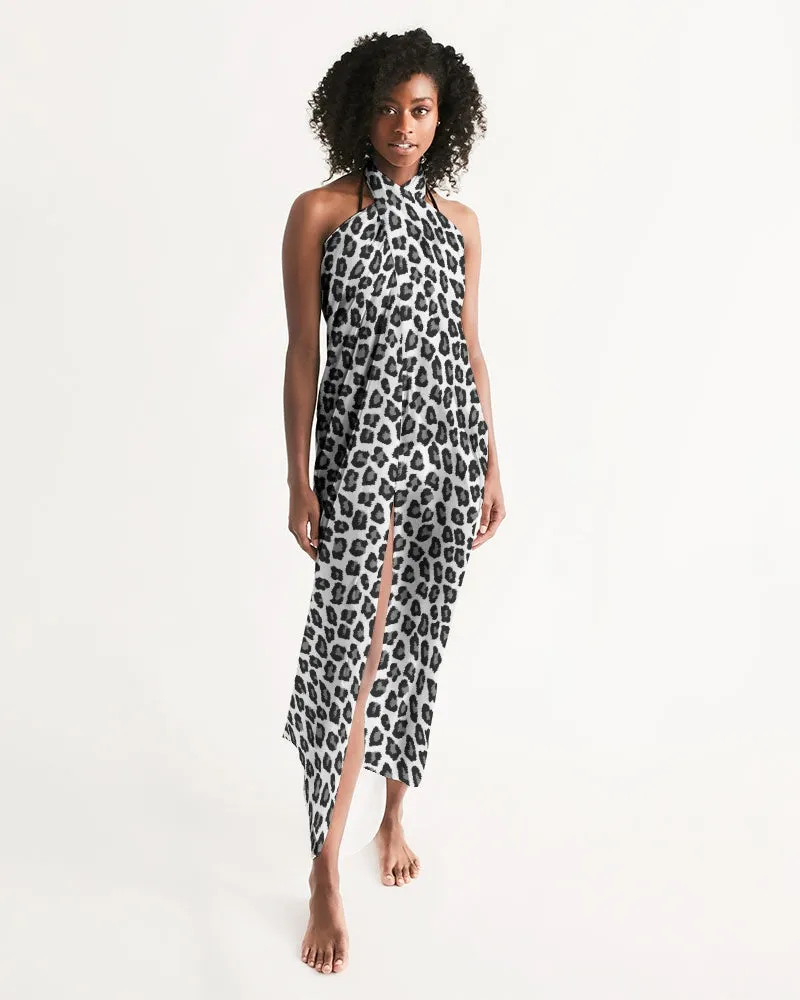 Snow Leopard Print Swim Cover Up Women, Black White Wrap Front Sarong Bikini Bathing Suit Beach Sexy Long Flowy Skirt Coverup