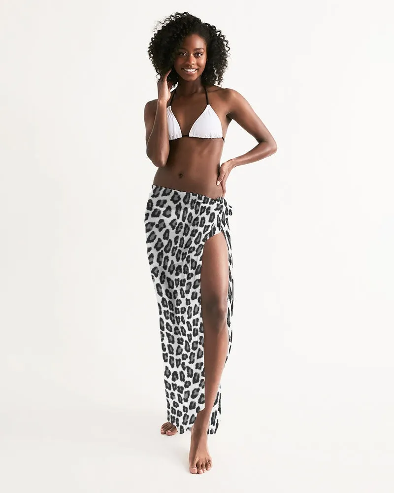 Snow Leopard Print Swim Cover Up Women, Black White Wrap Front Sarong Bikini Bathing Suit Beach Sexy Long Flowy Skirt Coverup