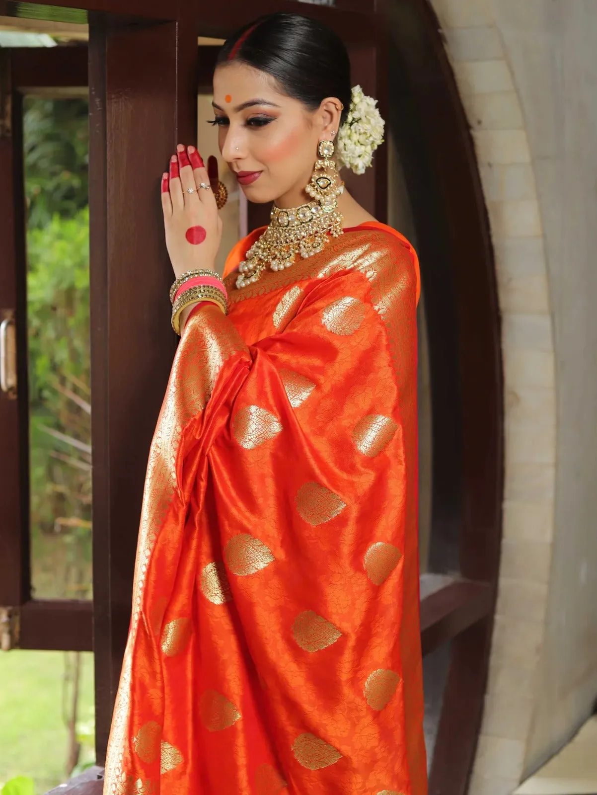 Splendiferous Orange Soft Silk Saree With Artistic Blouse Piece