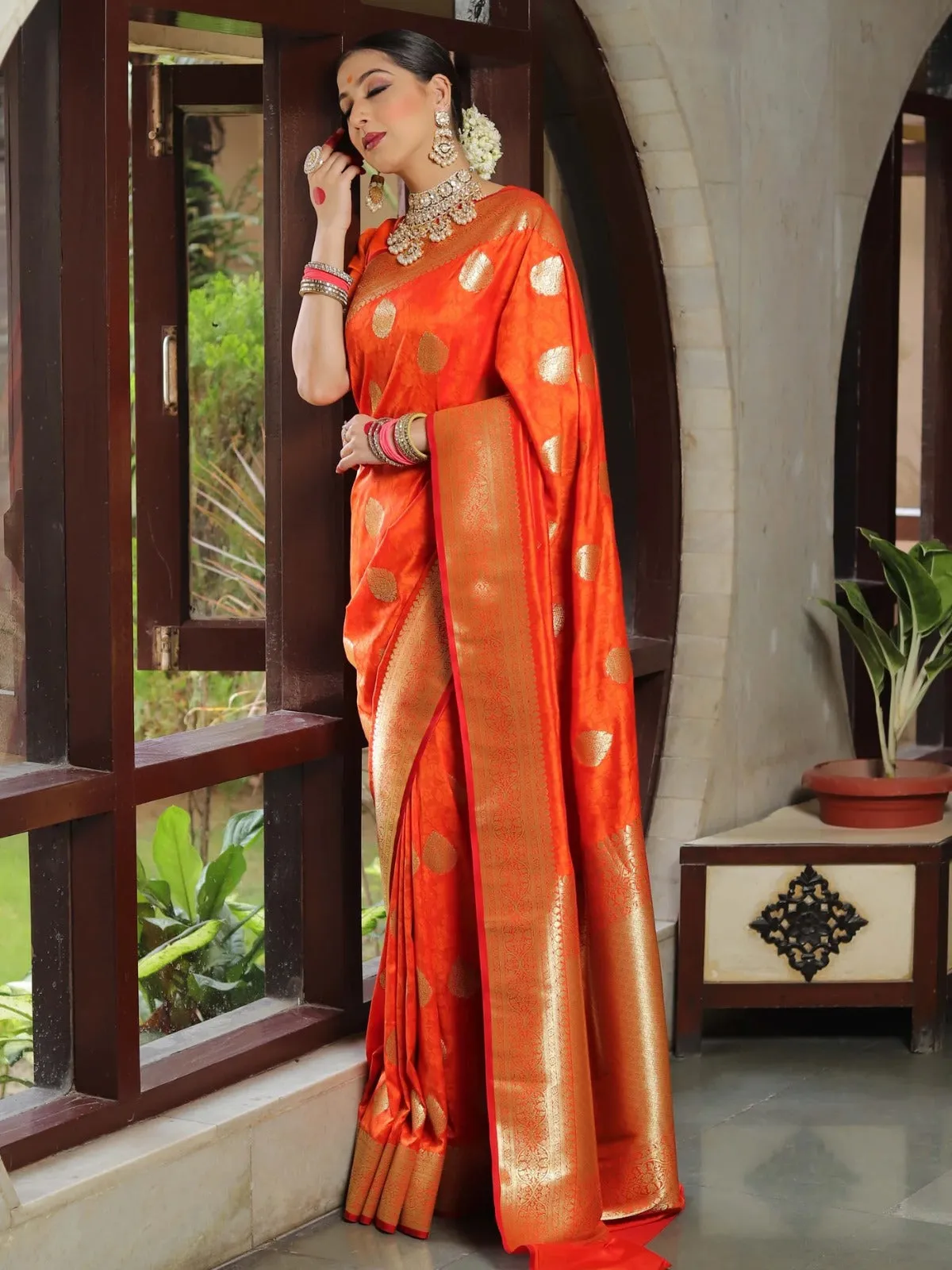 Splendiferous Orange Soft Silk Saree With Artistic Blouse Piece