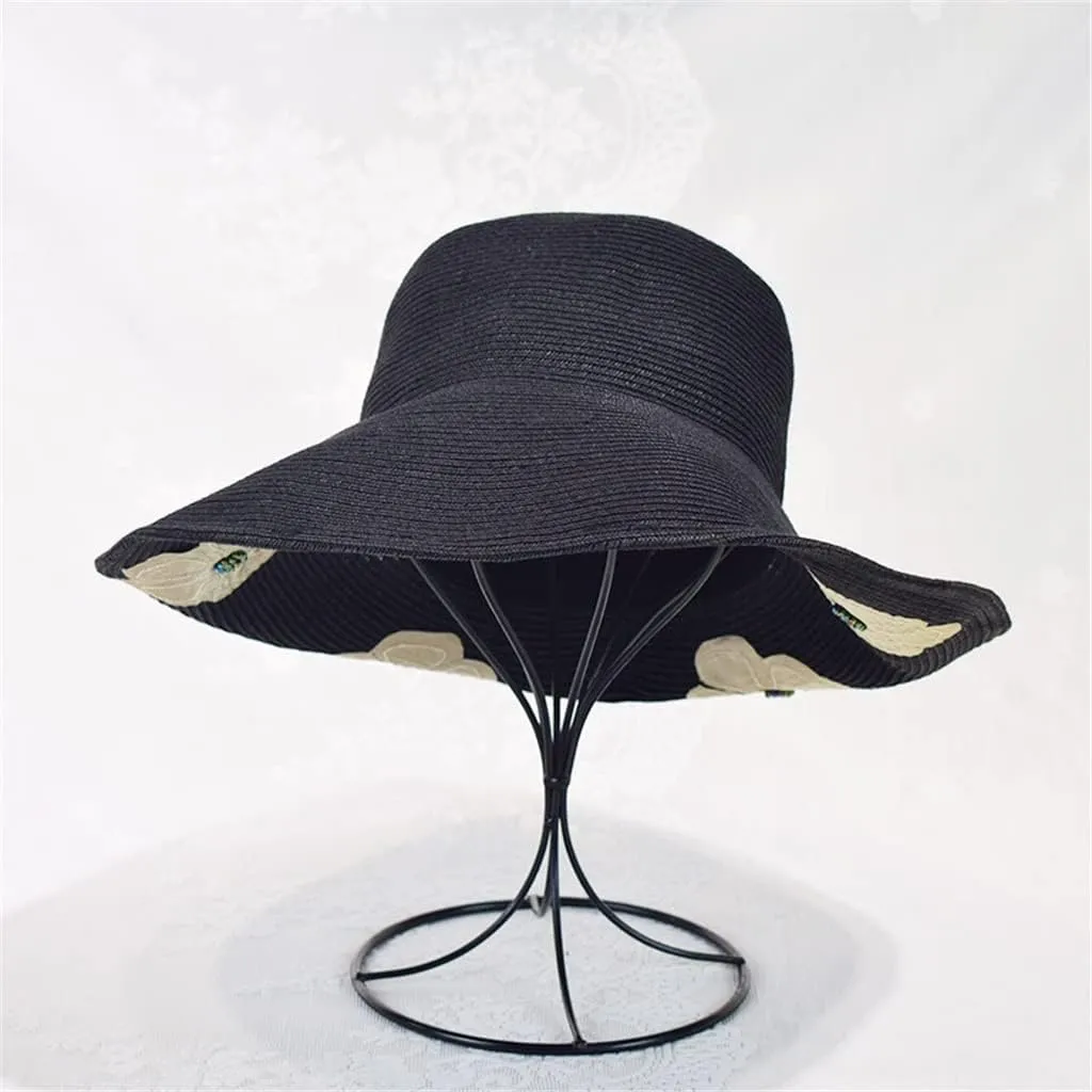 Spring and Wide Eaves Hat Women's Hundred Take Floral Embroidery Flip Brim Sunscreen Face Hat