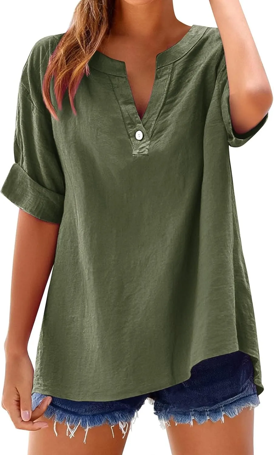 Spring Tops for Women Linen Shirt Stand Up Oversized Long Sleeve Roll Up Solid Color 1/4 Button Down Fashion Soft Top