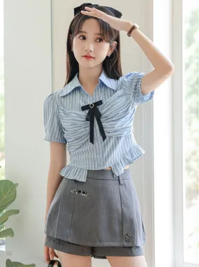 Striped Skirt Shorts Ribbon Blue Blouse