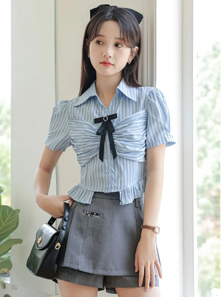 Striped Skirt Shorts Ribbon Blue Blouse