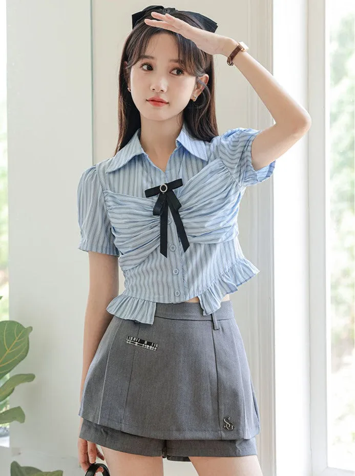 Striped Skirt Shorts Ribbon Blue Blouse