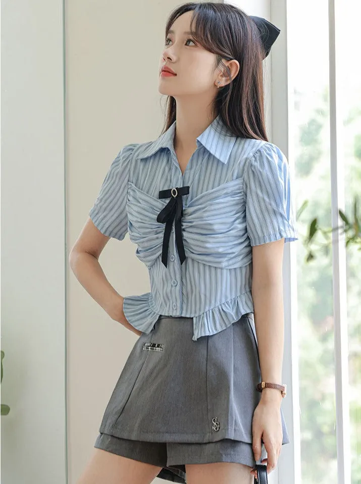 Striped Skirt Shorts Ribbon Blue Blouse