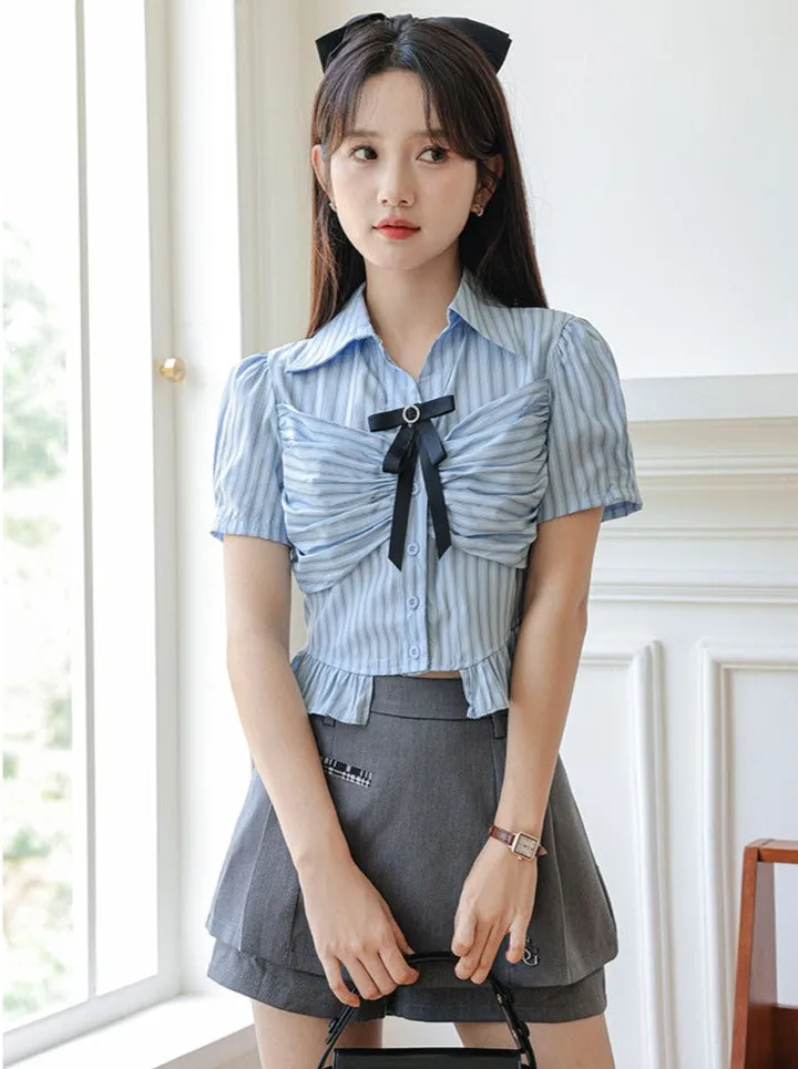 Striped Skirt Shorts Ribbon Blue Blouse