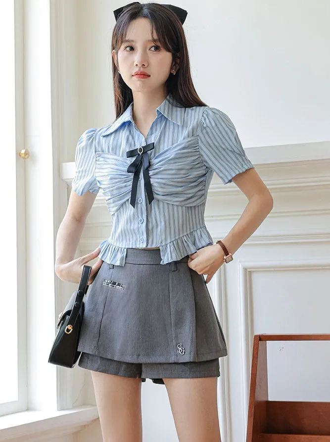Striped Skirt Shorts Ribbon Blue Blouse