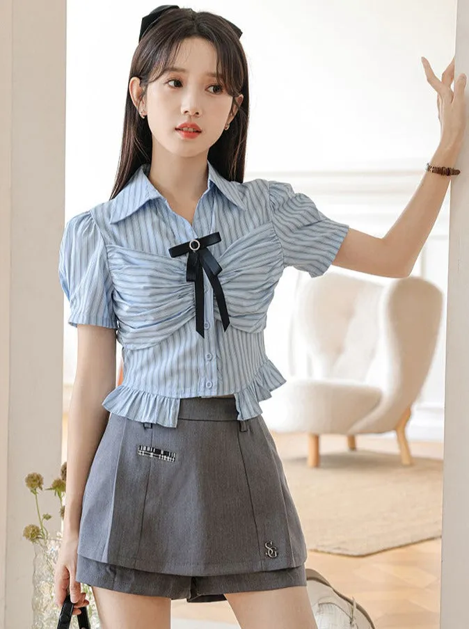 Striped Skirt Shorts Ribbon Blue Blouse