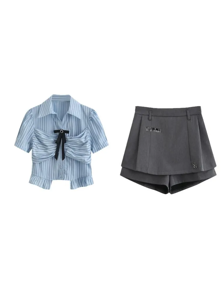 Striped Skirt Shorts Ribbon Blue Blouse