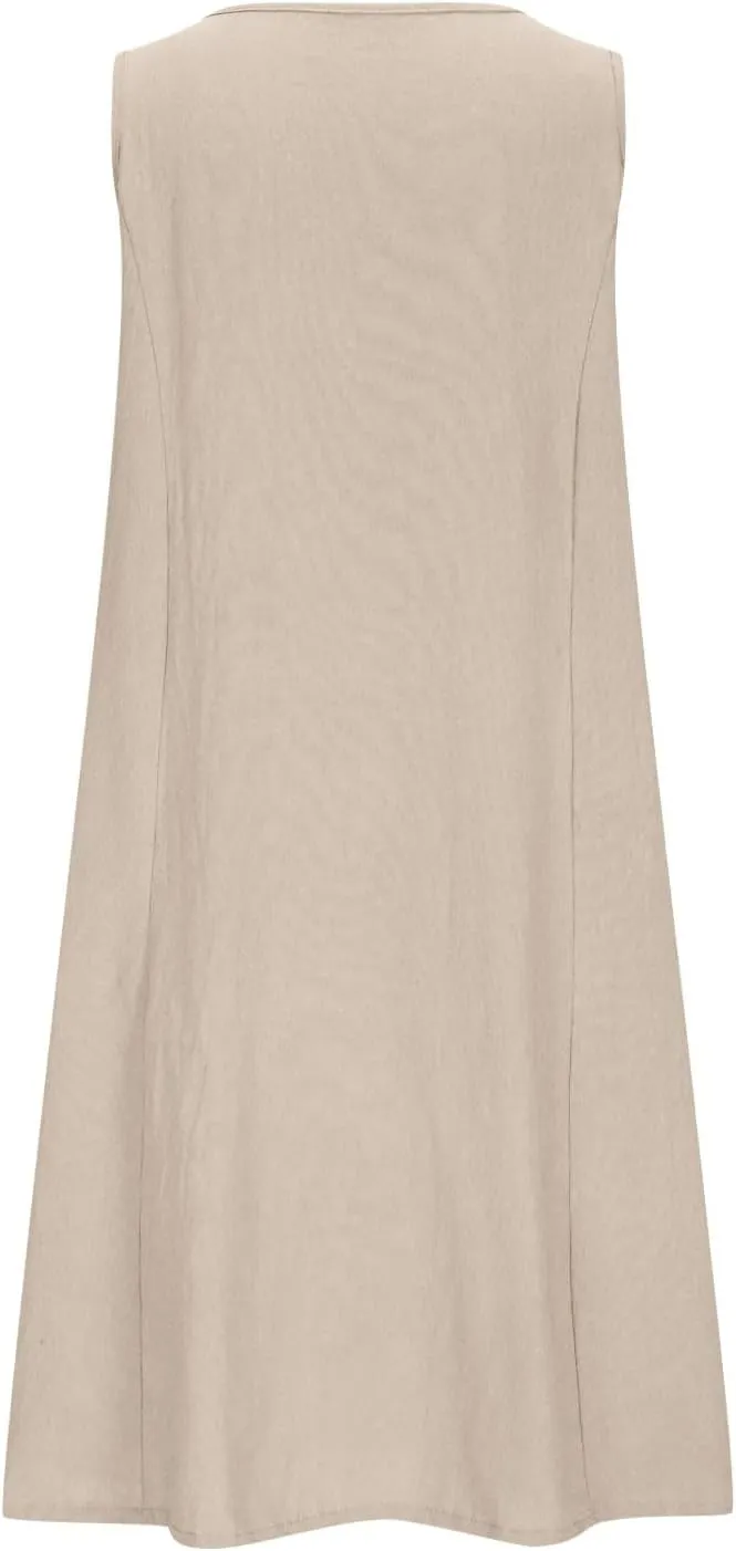 Summer Cotton Linen Tank Sudress Women Crewneck Sleeveless Knee Length Dress Casual Flowy Beach Dress with Pockets