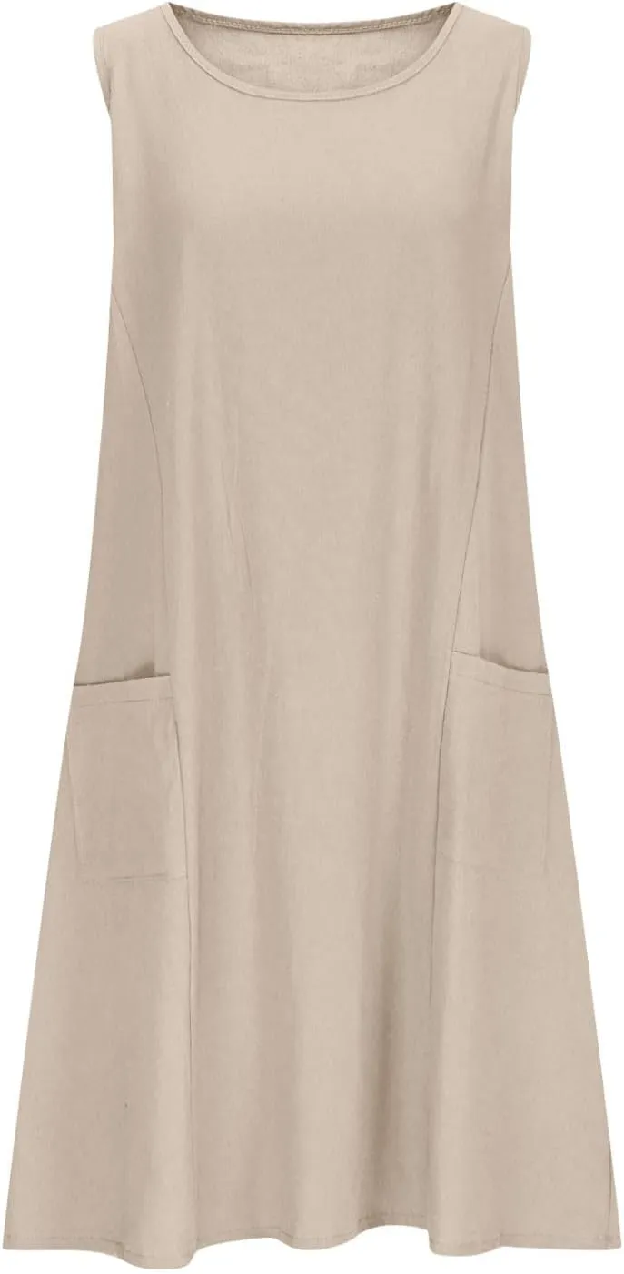 Summer Cotton Linen Tank Sudress Women Crewneck Sleeveless Knee Length Dress Casual Flowy Beach Dress with Pockets
