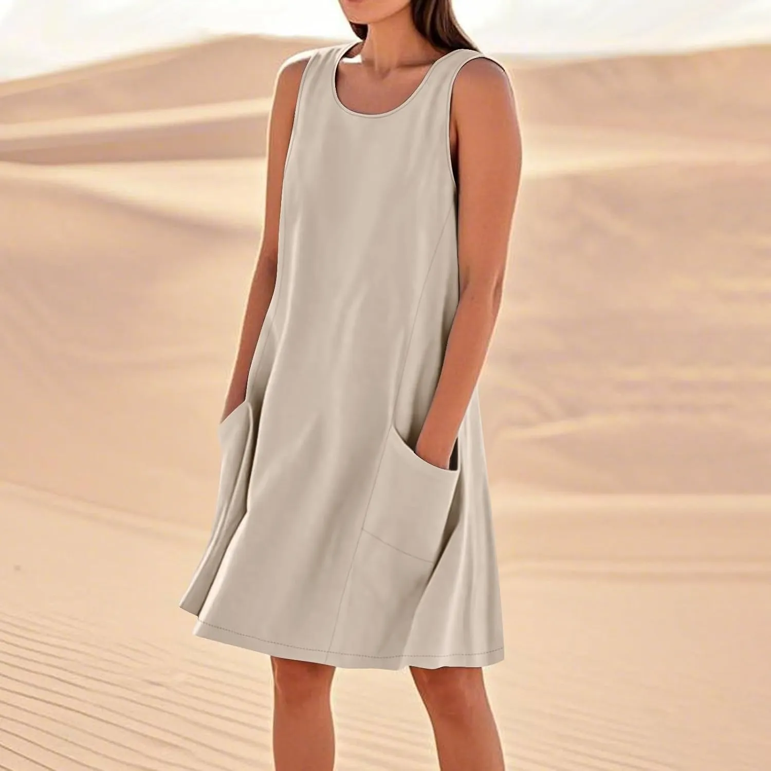Summer Cotton Linen Tank Sudress Women Crewneck Sleeveless Knee Length Dress Casual Flowy Beach Dress with Pockets