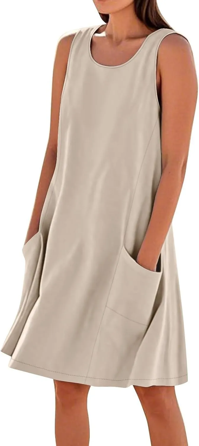 Summer Cotton Linen Tank Sudress Women Crewneck Sleeveless Knee Length Dress Casual Flowy Beach Dress with Pockets
