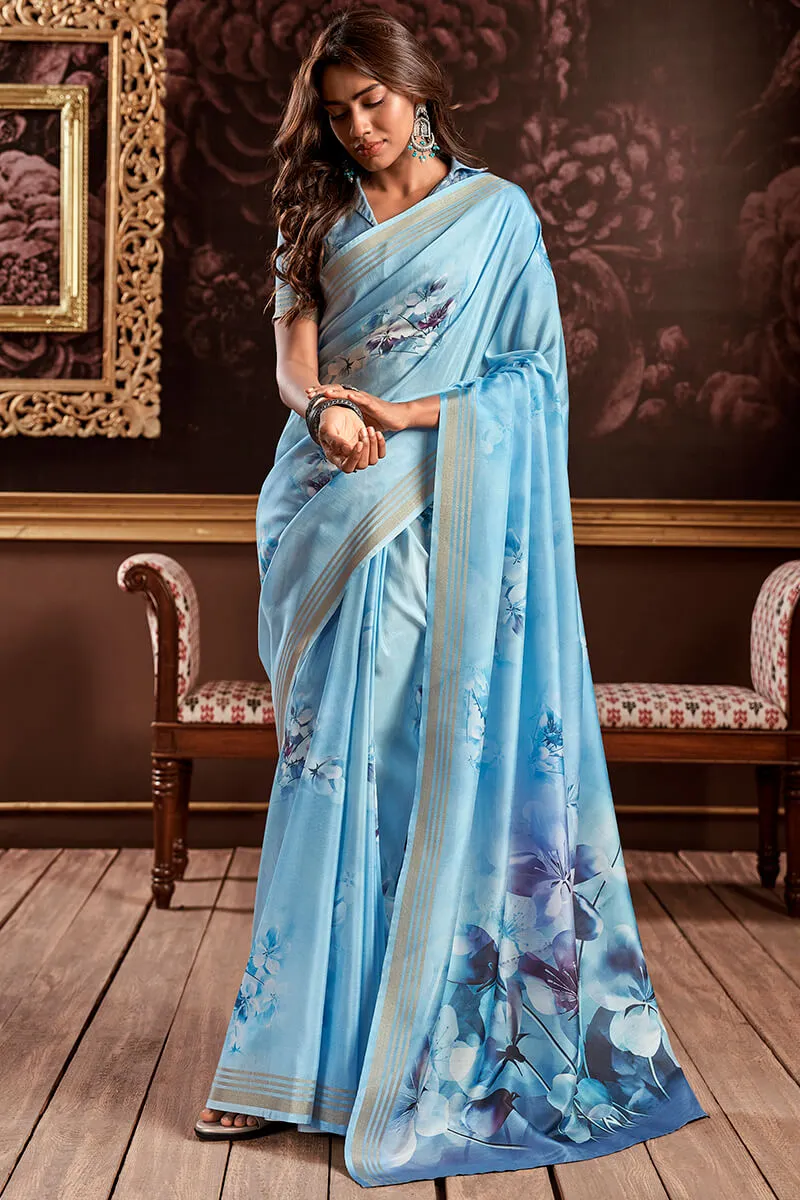 Tremendous Firozi Digital Printed Soft Silk Saree With Quixotic Blouse Piece