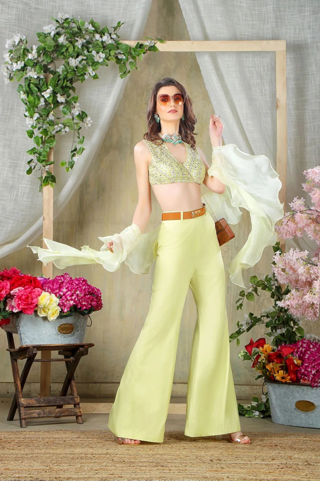 Trendy Embroidered top with Wide pants