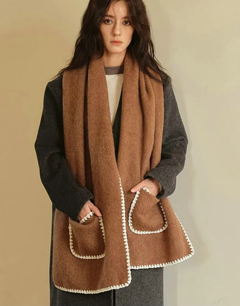 Trendy Wool Blend Scarf Shell Edge Pocket Shawl Chunky Winter Warm Shoulder Wrap Blanket Shawl Pashminas for Women