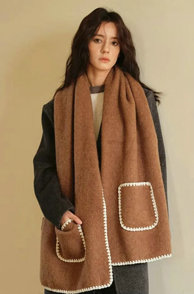Trendy Wool Blend Scarf Shell Edge Pocket Shawl Chunky Winter Warm Shoulder Wrap Blanket Shawl Pashminas for Women