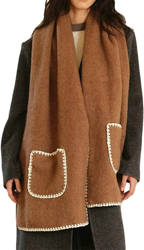Trendy Wool Blend Scarf Shell Edge Pocket Shawl Chunky Winter Warm Shoulder Wrap Blanket Shawl Pashminas for Women