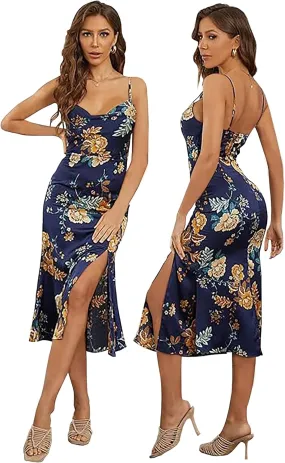 Tsher Women's Sleeveless Spaghetti Strap Satin Wedding Guest Party Dress Cowl Neck Backless Midi Formal Dresses