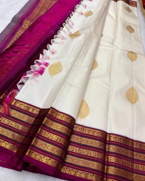 Verdant Off White Soft Silk Saree With Artistic Blouse Piece
