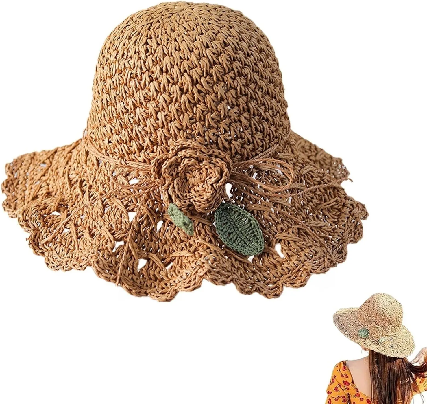 Visulong Elegant Crochet Straw Hat with Ruffle Detail, Women's Wide Brim Sun Hat Foldable for Summer Beach Travel