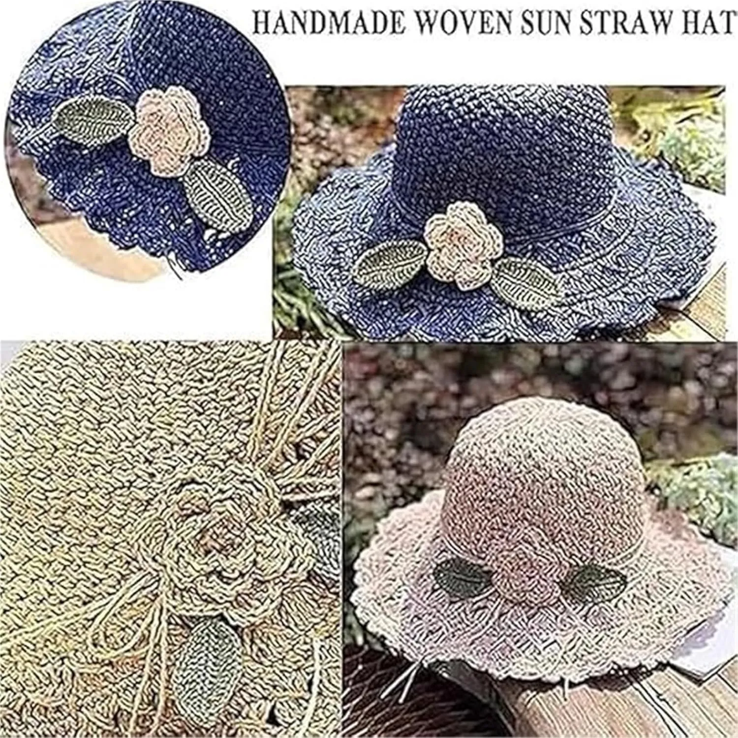 Visulong Elegant Crochet Straw Hat with Ruffle Detail, Women's Wide Brim Sun Hat Foldable for Summer Beach Travel