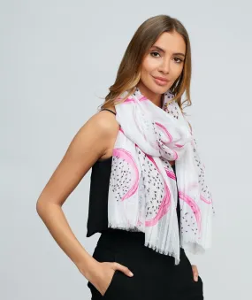 White Abstract Print Summer Scarf with Raw Edges