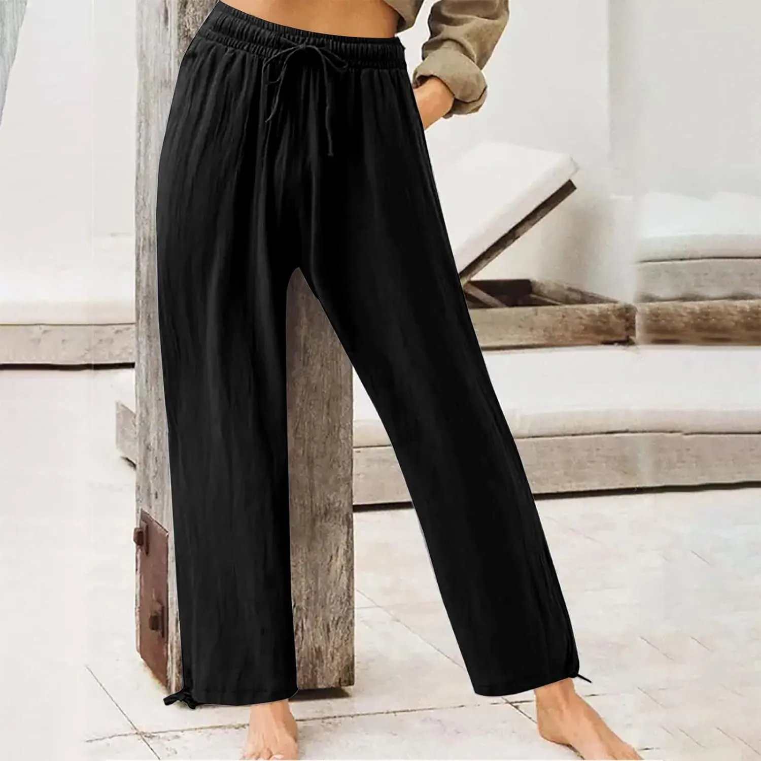Wide Leg Pants for Women Comfy Linen Pants Light Weight Fit Summer Loose High Waist Palazzo Trousers with Pockets