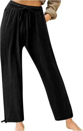 Wide Leg Pants for Women Comfy Linen Pants Light Weight Fit Summer Loose High Waist Palazzo Trousers with Pockets