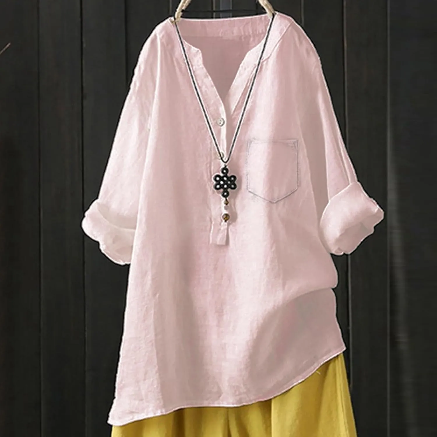 Women Linen Shirts V-Neck Button Down Blouse Collared Soft Tee Tops Short Sleeve Loose Shirts