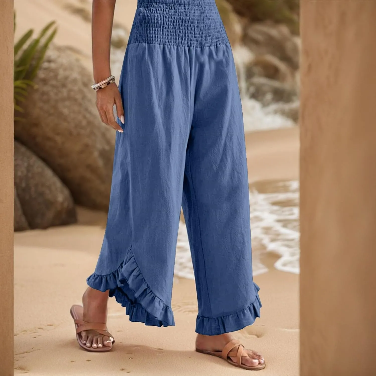 Womens 2025 Summer Cotton Linen Wide Leg Pants Smocked Waisted Beach Palazzo Ruffle Hem Lounge Trousers with Pocket