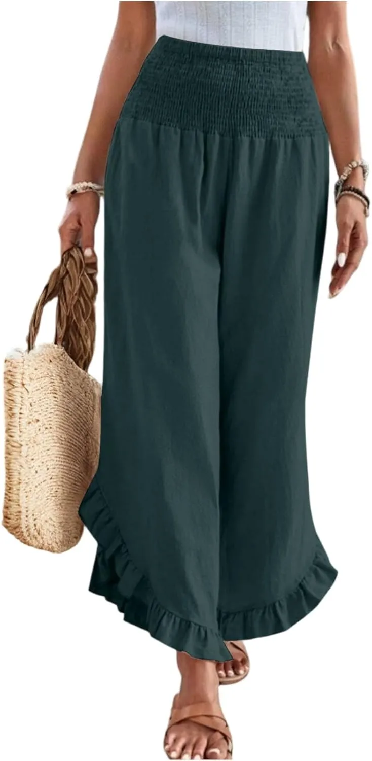 Womens 2025 Summer Cotton Linen Wide Leg Pants Smocked Waisted Beach Palazzo Ruffle Hem Lounge Trousers with Pocket