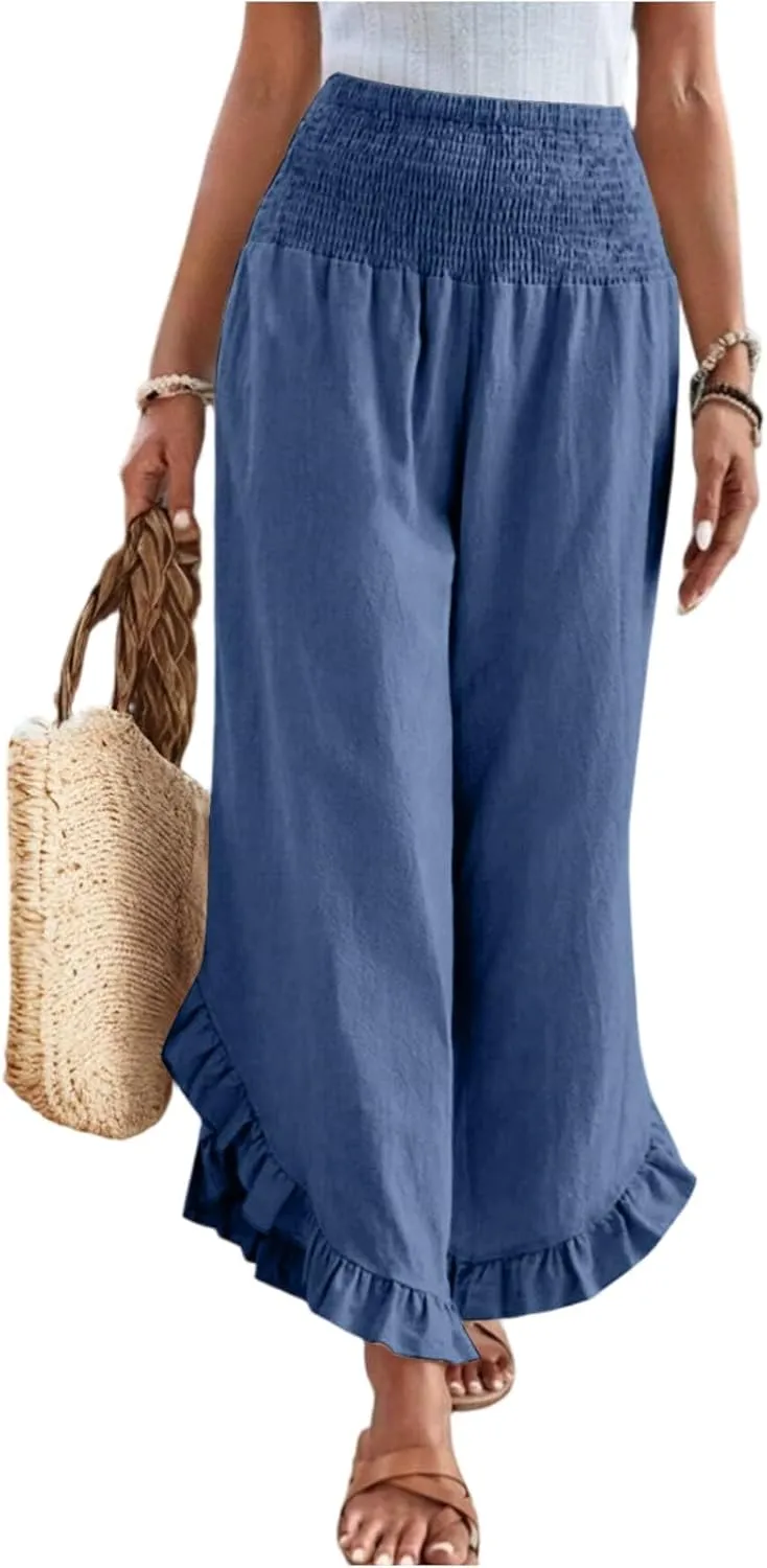 Womens 2025 Summer Cotton Linen Wide Leg Pants Smocked Waisted Beach Palazzo Ruffle Hem Lounge Trousers with Pocket