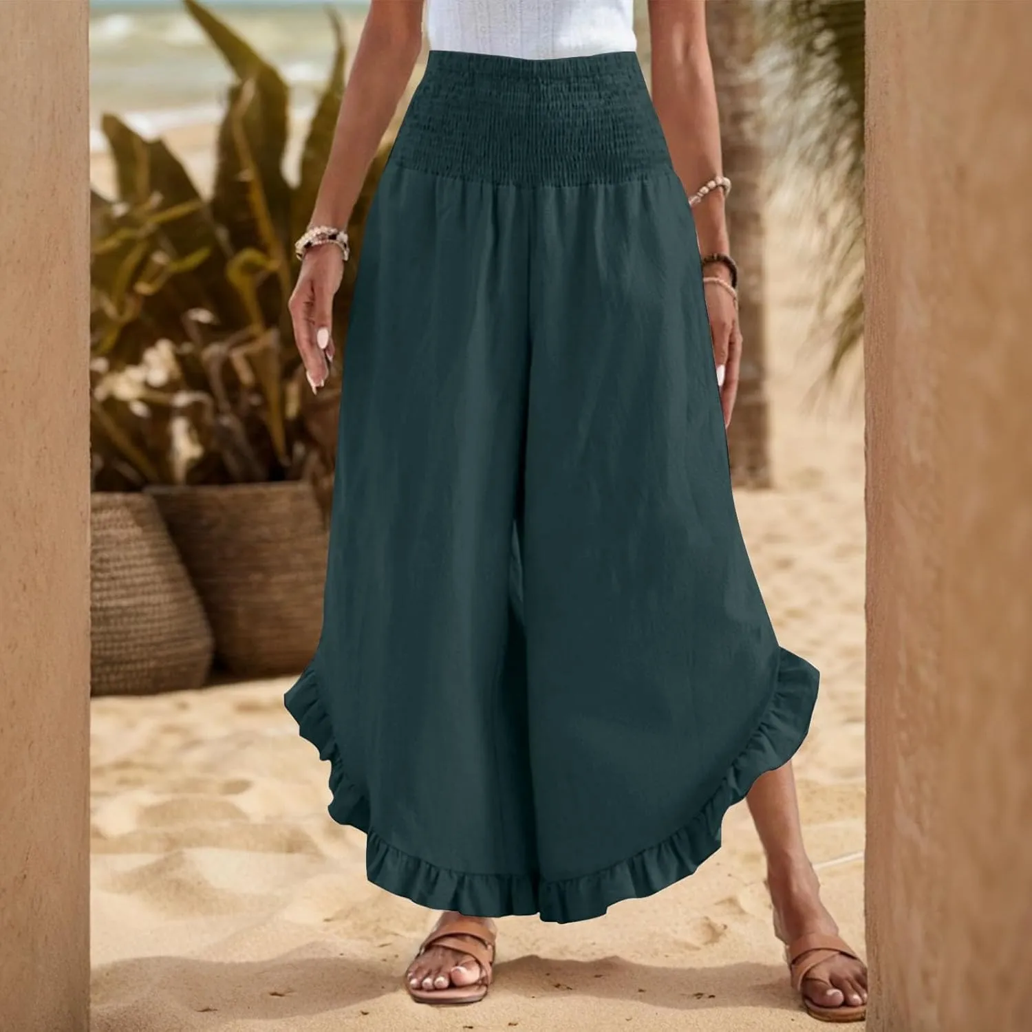 Womens 2025 Summer Cotton Linen Wide Leg Pants Smocked Waisted Beach Palazzo Ruffle Hem Lounge Trousers with Pocket
