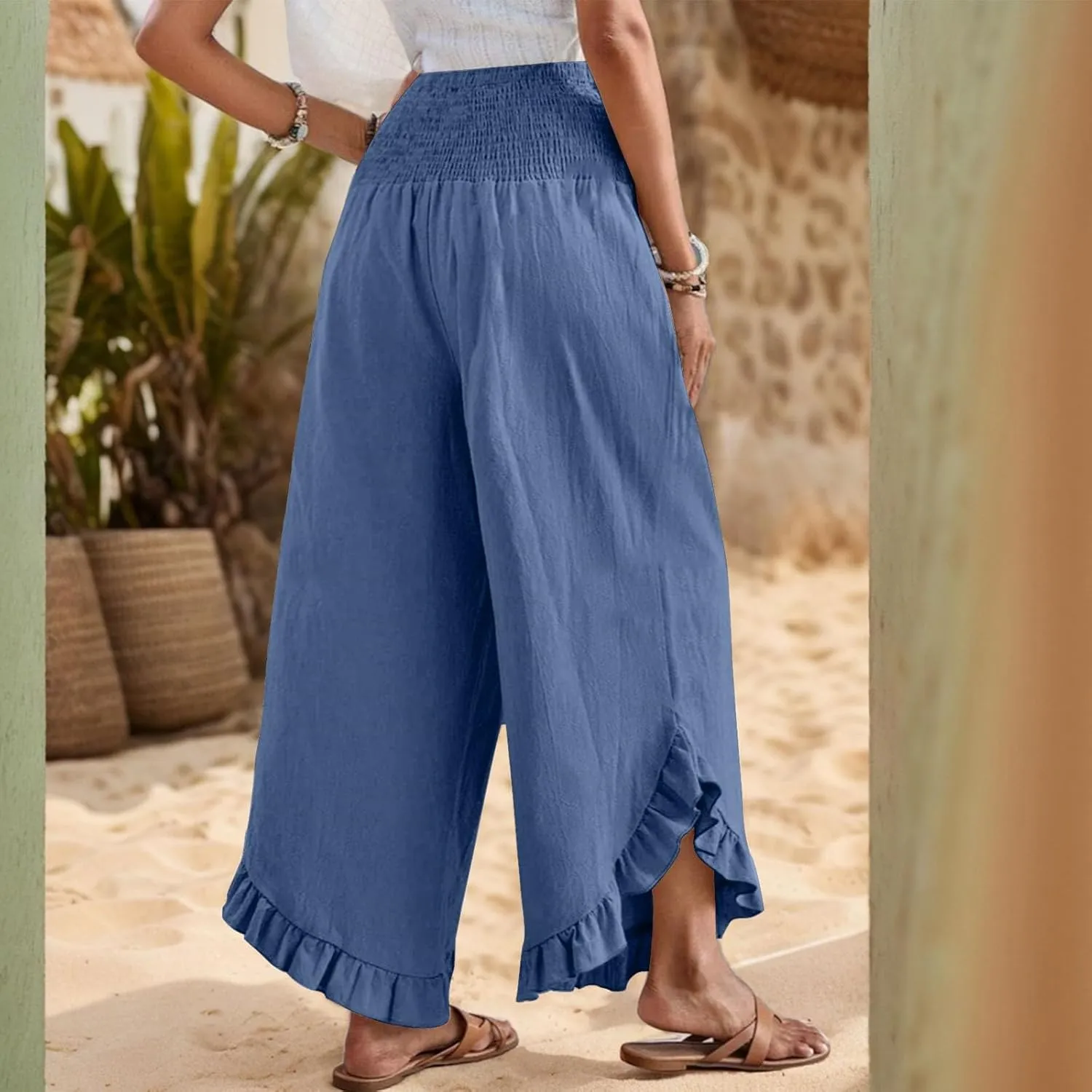 Womens 2025 Summer Cotton Linen Wide Leg Pants Smocked Waisted Beach Palazzo Ruffle Hem Lounge Trousers with Pocket