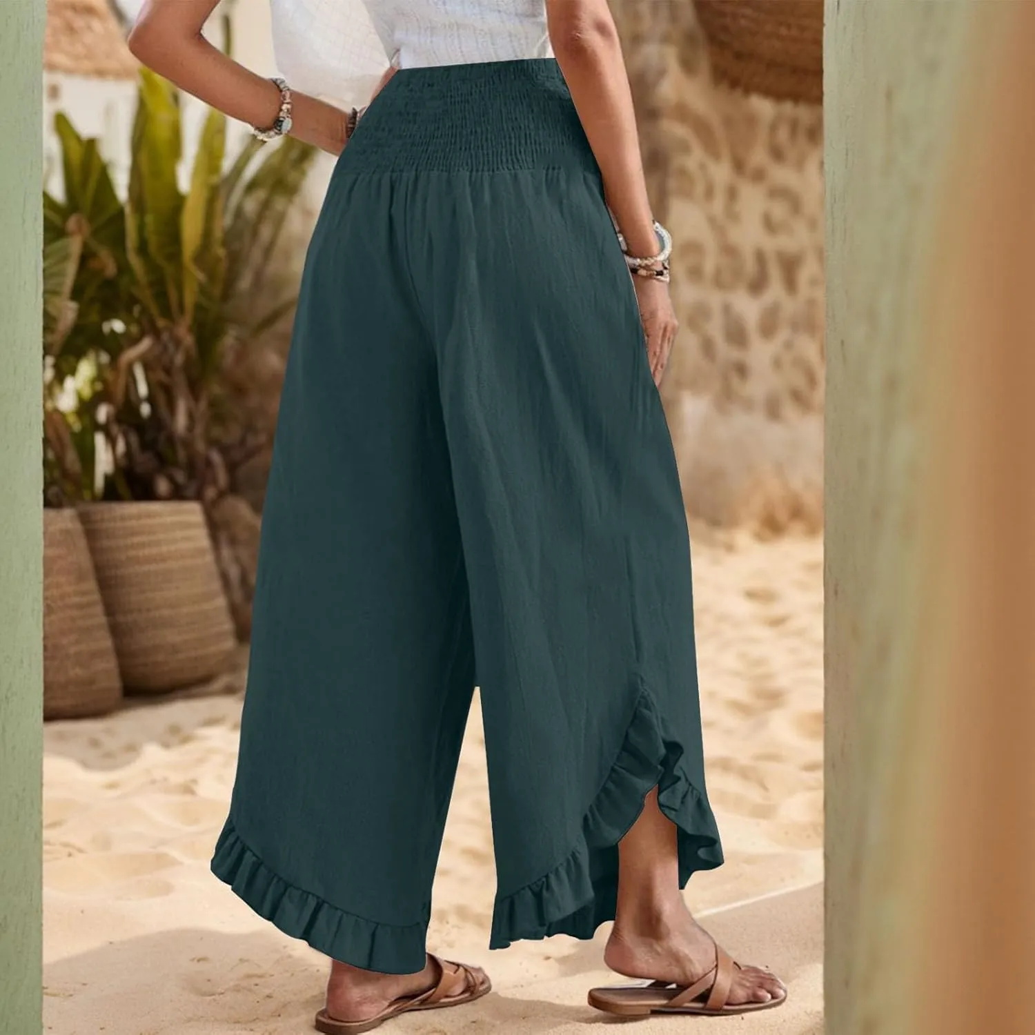Womens 2025 Summer Cotton Linen Wide Leg Pants Smocked Waisted Beach Palazzo Ruffle Hem Lounge Trousers with Pocket